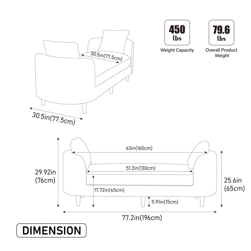 Wide Modern Upholstered End of Bed Bench with Armrests, Chenille Chaise Lounge Couch with 2 Bolster Pillows, Daybed with Rubberwood Legs For Living Room,Bedroom,Apartment,Guestroom,WHEAT