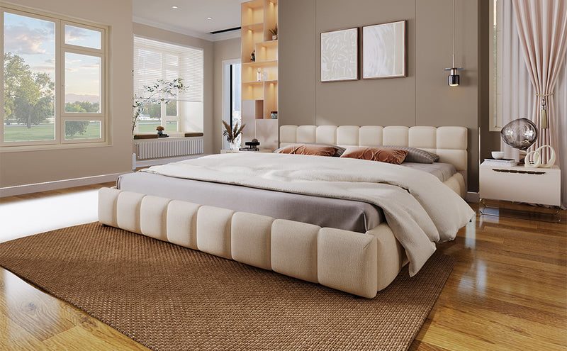 Elegant Beige Chenille Upholstered Bed with Checkerboard Design, Queen, Beige