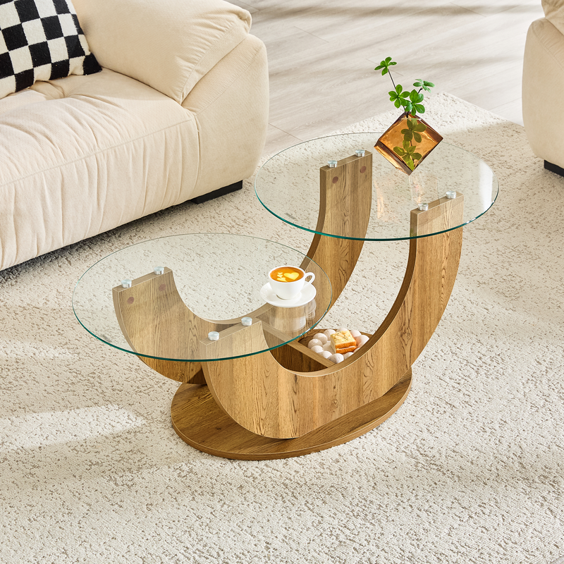 Creative U-Shaped Double-Tier Glass Coffee Table with Wood-Grain MDF Base: A Modern, Minimalist Living Room Side Table with Adjustable Height.