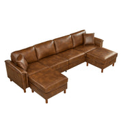 120' Sectional Sofa with Two Removable Storage Ottomans,Upholstered Breathable PU Leather Sectional Couch,Faux Leather Sofa,Vintage Brown