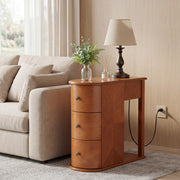 Modern End Table with Hidden Cup Holder Drawer, Charging Station & Pull-Out Side Table, Wooden Bedside Table with 2 Storage Drawers, Space Saving End Table for Bedroom & Living Room