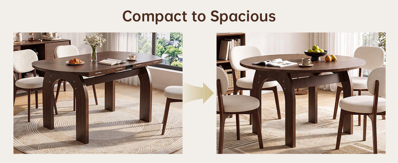 51.2' Solid Wood Extendable Dining Table Set with 6 Upholstered Chairs, 7 Piece Farmhouse Dinner Set with Walnut Finish & Arch Legs, Drop Leaf Converts Oval to Round for Small Spaces, Easy Assembly