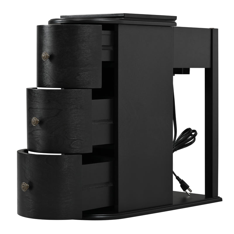 Modern End Table with Hidden Cup Holder Drawer, Charging Station & Pull-Out Side Table, Wooden Bedside Table with 2 Storage Drawers, Space Saving End Table for Bedroom & Living Room