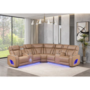 Fortuner Power Recliner Sectional Sofa with Power Headrests, Console Loveseats, Wedge, LED Light Strip, Speakers, Cup Holders & Storage Arms-Caramel