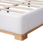 Queen Size Bed Frame with Boucle Upholstered Curved Headboard, Solid Wood Base, White