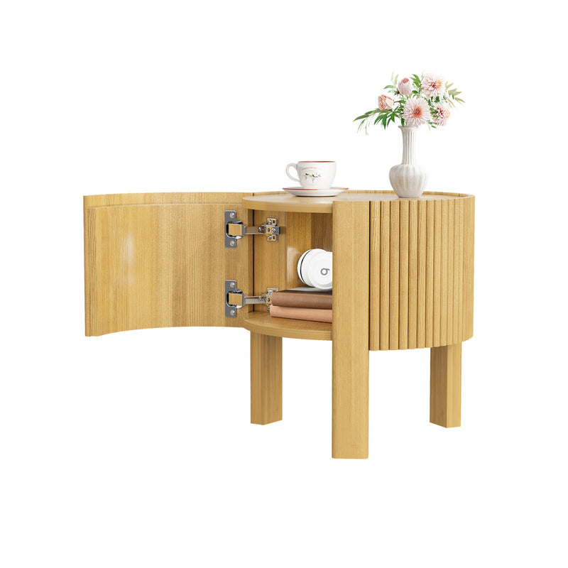 Round Fluted Side Table with Storage for Living Room, Rubber Solid Wood, Soft-close Door, Natural, 19.6'