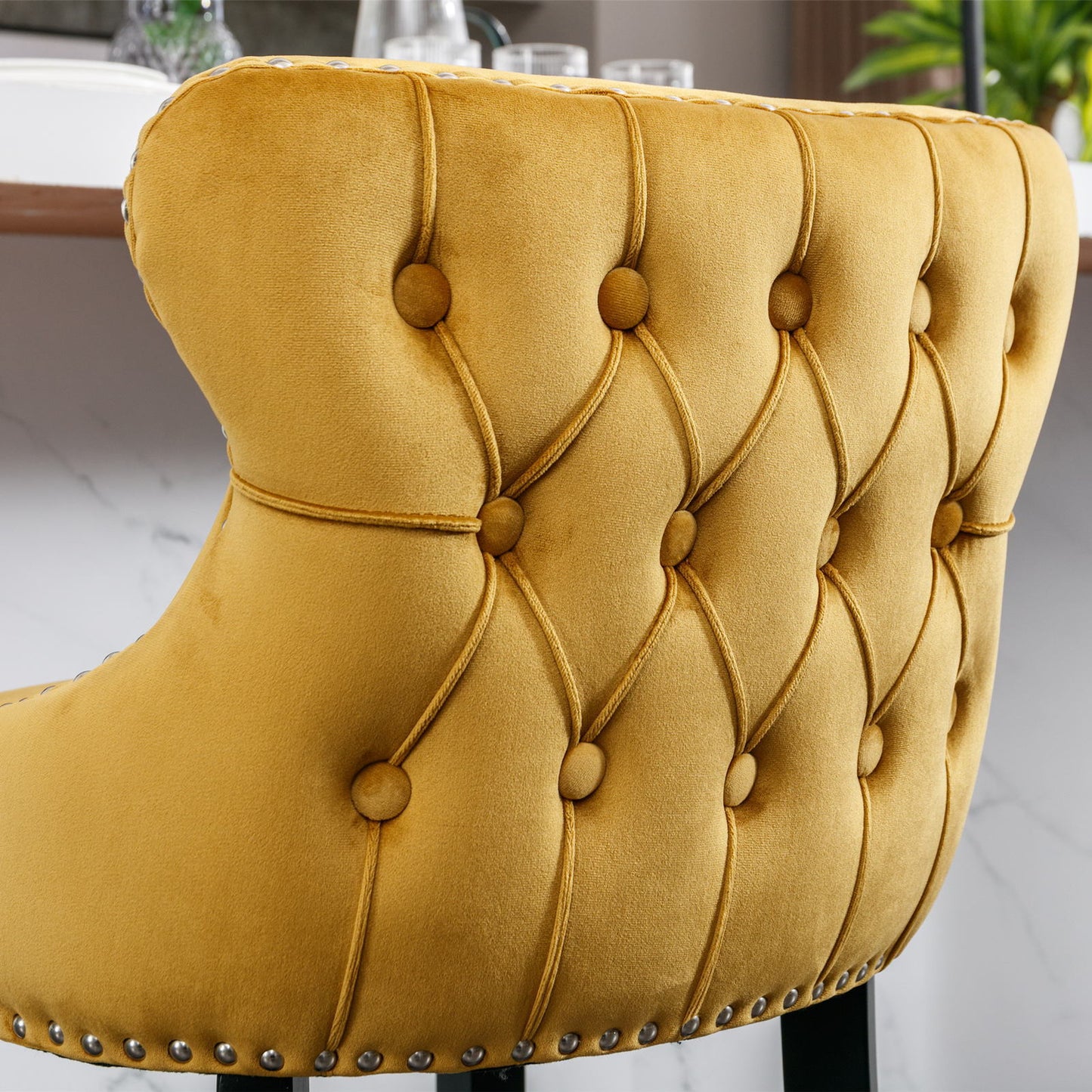 Contemporary Upholstered Wing-Back Barstools With Button Tufted Decoration And Wooden Legs, And Nailhead Trim, Leisure Style Bar Chairs, Bar Stools (Set of 2)