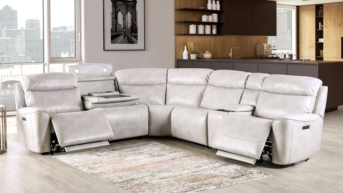Power Reclining Sectional Couch Light Taupe Leatherette Sofa Corner Wedge Chairs Console Living Room Furniture Recliner L-Shaped Sectional