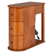 Modern End Table with Hidden Cup Holder Drawer, Charging Station & Pull-Out Side Table, Wooden Bedside Table with 2 Storage Drawers, Space Saving End Table for Bedroom & Living Room