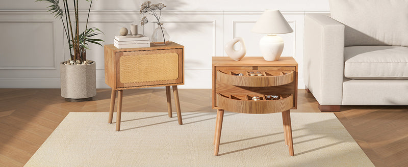 Rotating Hidden Compartment Nightstands, Mid Century Modern Concealment Furniture, Rattan Bed Side Table, Compartment End Table with Wood Legs, Bedside Tables for Bedroom, Living Room, Dorm, Natural