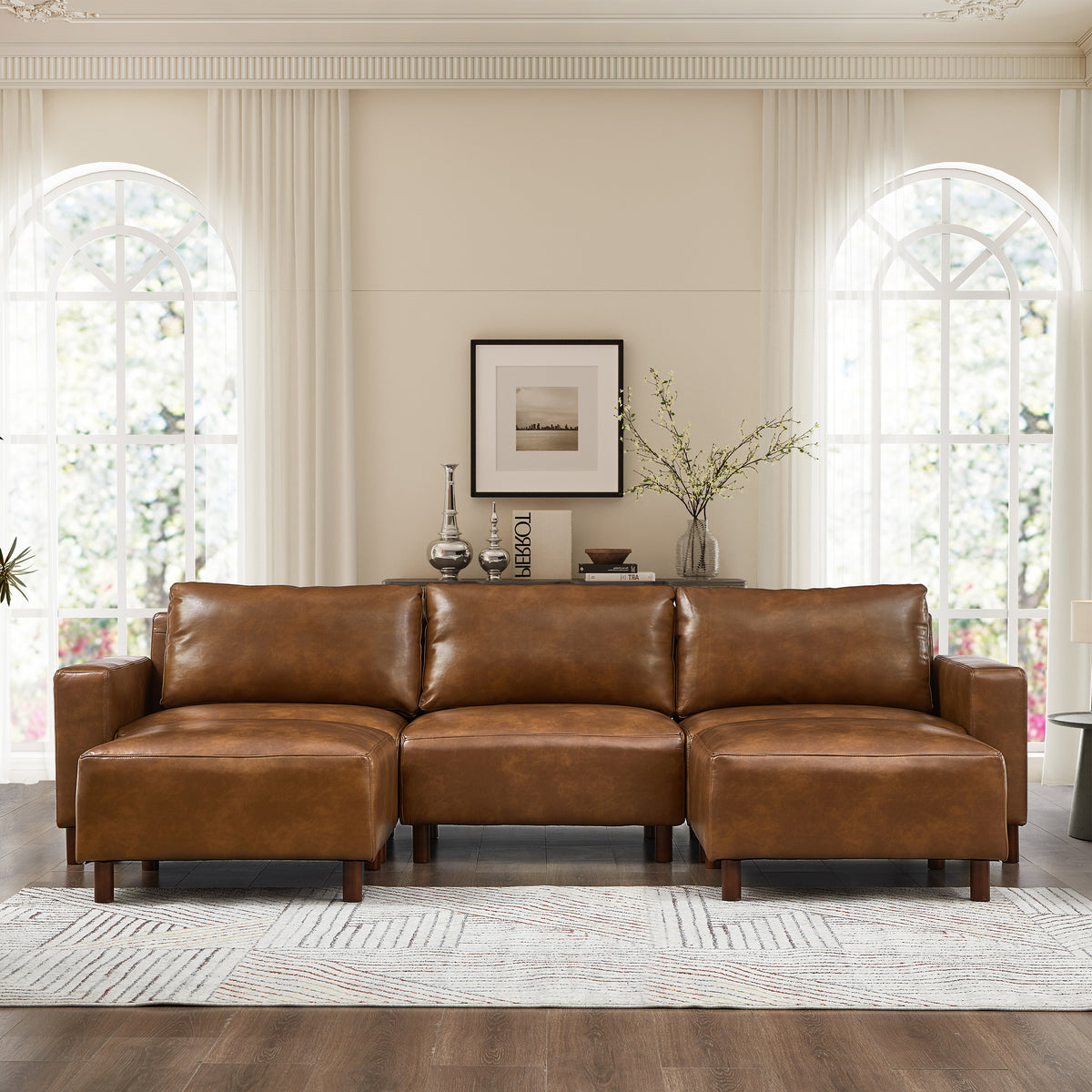 Modern Luxury Sectional Sofa Couch Quality Upholstery Breathable PU Leather Couch L Shape Sofa with Convertible Ottoman Chaise,Brown