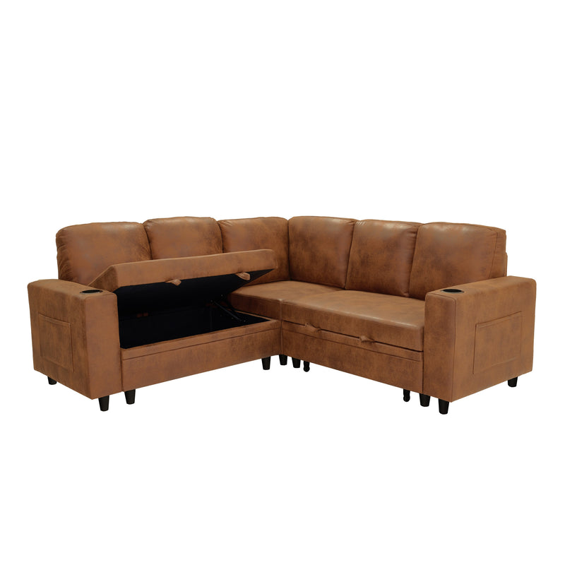 Foil Fabric upholstered L-Shape Sectional Sofa Bed with Pull Out Sleeper and Storage, Convertible Corner Couch with Cup Holders & Side Pockets for Living Room