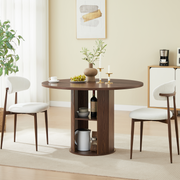 47.24' Round Dining Table (Serves 2–4) with Two Dining Chairs Blends modern and farmhouse styles, featuring a double-tiered storage shelf, suitable for dining rooms or living spaces.Walnut