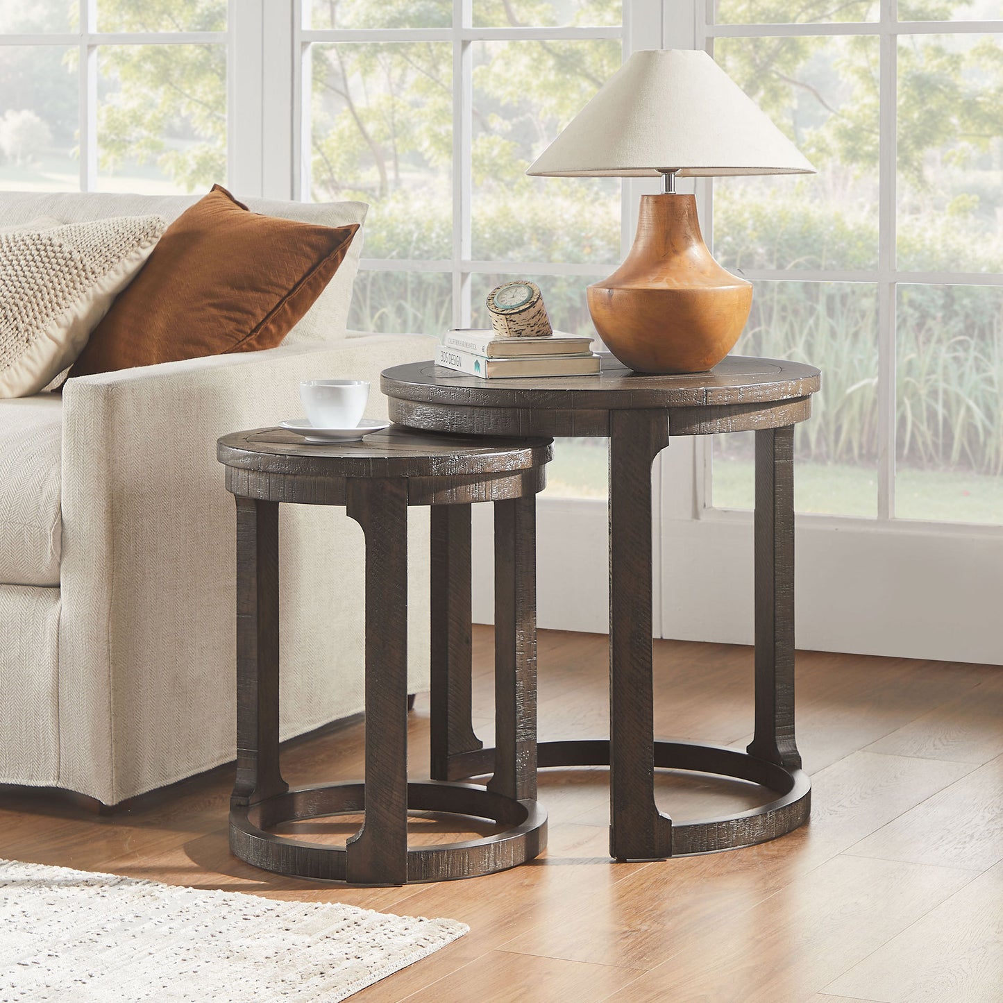 24 inch 2PCS Curved Traditional Round Circle Wooden Coffee Table Set,Mid Century Rustic Style Side Table,End Table for living Room,Office,Apartmen,Drak Brown