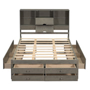 Queen Size Platform Bed with Storage Headboard and 8 Drawers, Gray