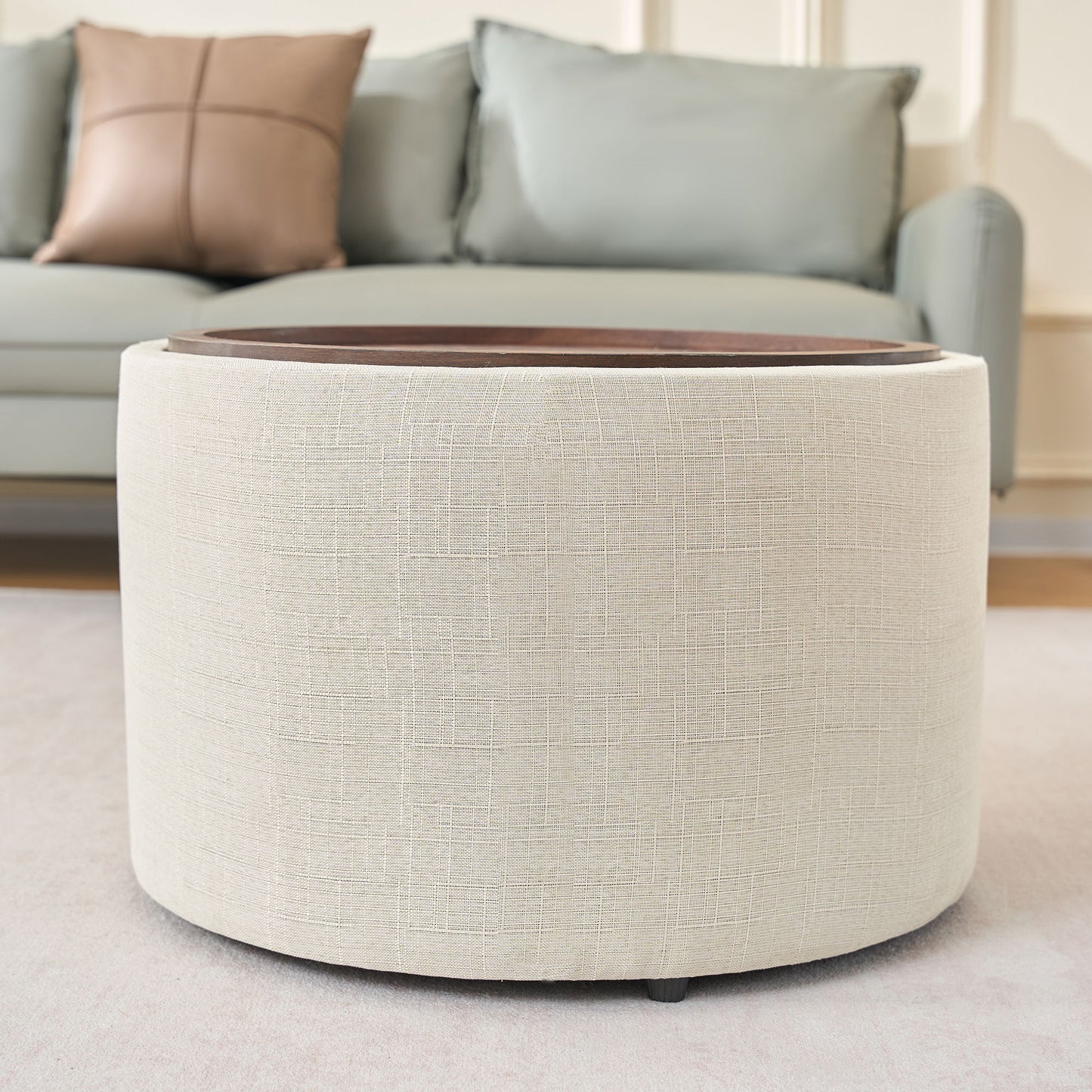 Nesting Ottomans, Round Coffee Table & Bench With Tray (Set of 2)