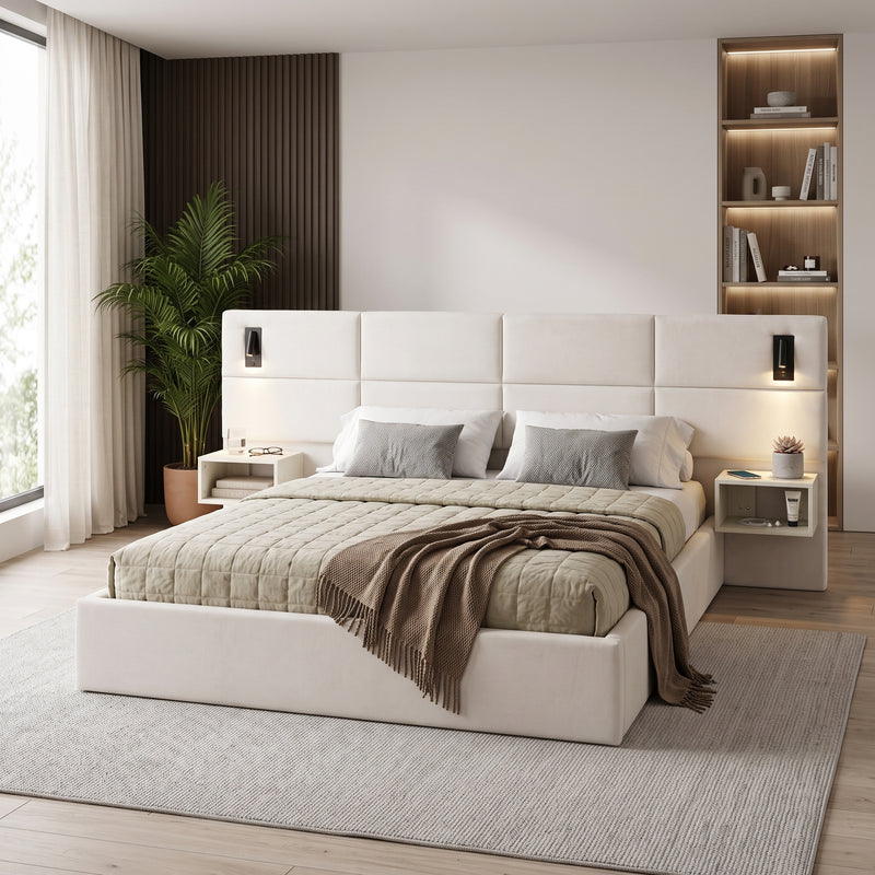 Soft, Comfortable, Luxurious Upholstered Smart Bed with Reading Light,King
