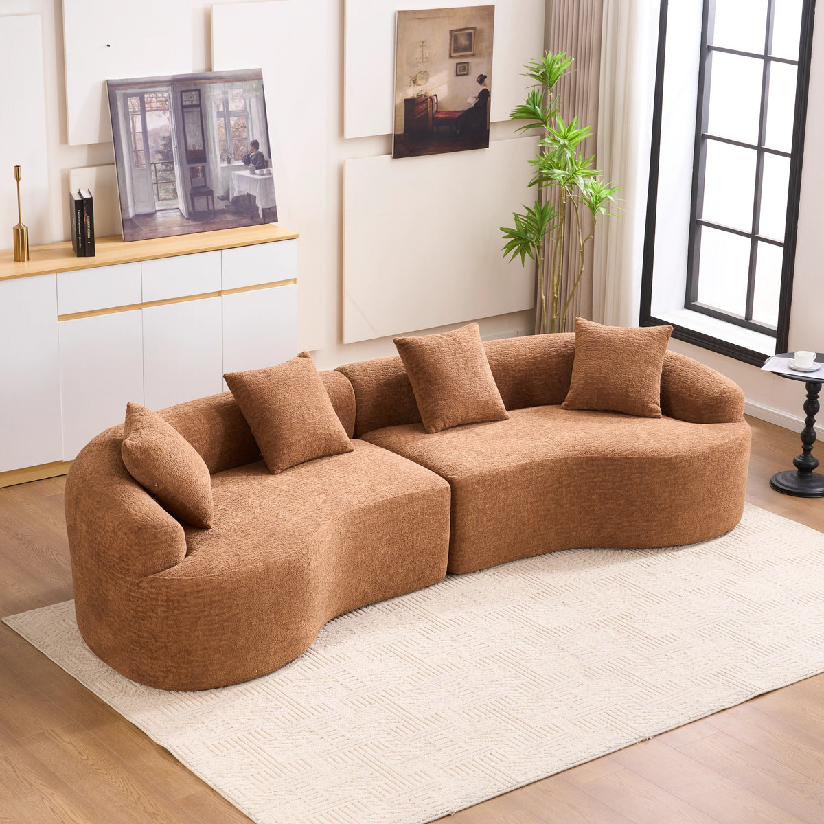 Compression Sponge Sofa Orange Curved Modular Sectional, 30D High-Density Chenille Sleeper Couch for Apartment, Living Room,110'L