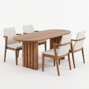 5-Piece Indoor Dining Set with Oval MDF Table and Beige PU Arm Chairs in Walnut Brown Finish
