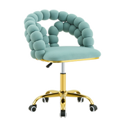 Modern Velvet Adjustable Swivel Desk Chair with Bubble Back, Upholstered Vanity Chair with Gold Metal Base, Rolling Office Chair for Home Office, Bedroom, Makeup Room, Blue (Set of 1)