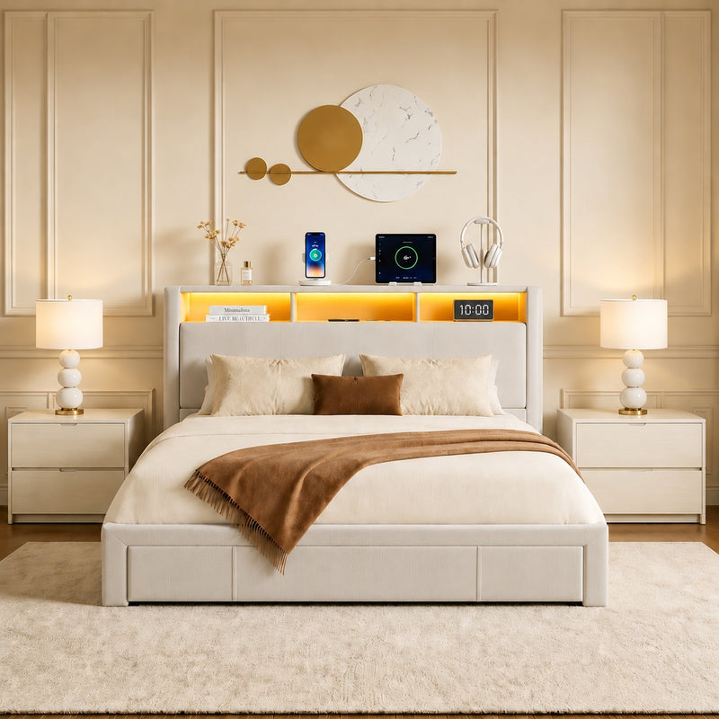Queen-size upholstered bed with drawers, storage headboard with charging station and LED lights, no spring mattress needed, silent design, easy to assemble, beige