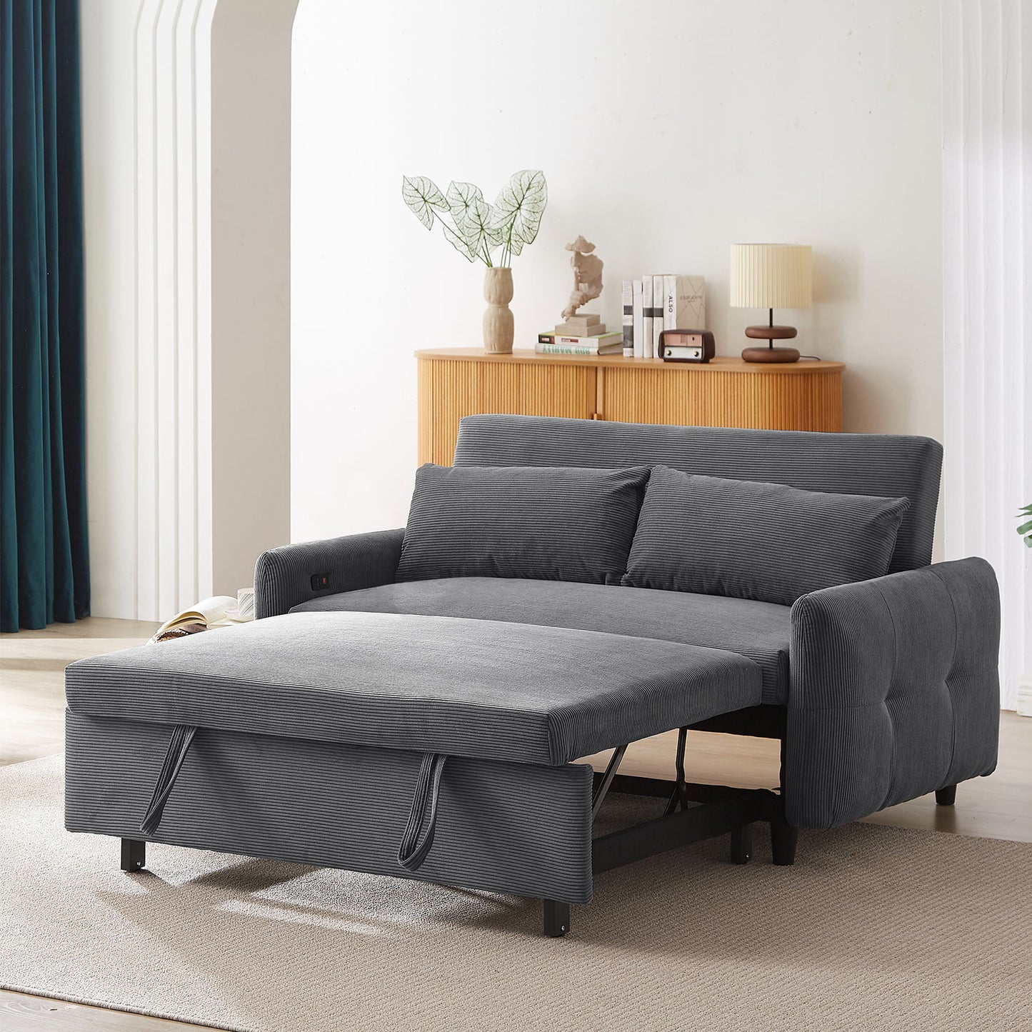 Pull-Out 2 Seat Modern Sleeper Sofa With 2 Throw Pillows And USB Ports