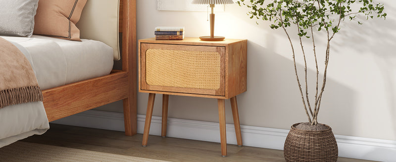 Rotating Hidden Compartment Nightstands, Mid Century Modern Concealment Furniture, Rattan Bed Side Table, Compartment End Table with Wood Legs, Bedside Tables for Bedroom, Living Room, Dorm, Natural