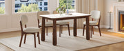63' Sintered Stone Dining Table Set with 6 Upholstered Chairs, Farmhouse Dinner Table Set of 7 Piece with White Stone Top & Solid Wood Walnut Frame, Beige Chenille Seats, Heavy-Duty Support up to 1000