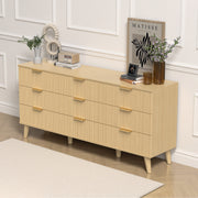 9 Drawer Dresser for Bedroom, Fluted Wooden Chest of Drawers for Children's Room,  Nursery, Entrance, Natural, 63'W x 15.7'D x 29.5'H