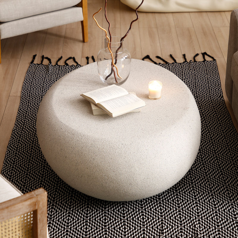 43.31''Fiberglass Elliptical Coffee Table for Living Room Vintage Table,Matte Rocks Table front of the Sofa, Irregular Center Table,No Need Assembly,Cream White