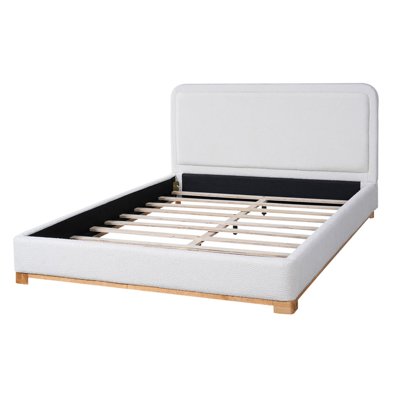Queen Size Bed Frame with Boucle Upholstered Curved Headboard, Solid Wood Base, White