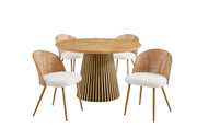 Round wooden dining table + 4 brown wicker dining chairs in Bohemian medieval style with soft beige sponge cushions