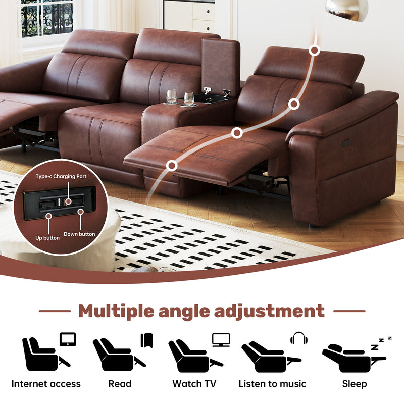 Power Recliner Sofa Set, 4-Seat Reclining Sectional Sofa with Adjustable Headrest &  Power Recline, Breathable Leather with Storage Console & USB Ports, Easy Assembly Living Room Furniture Sets