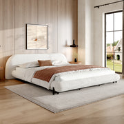 California King Size Bed Frame with Boucle Fabric, Upholstered Platform Bed with Curve-Shaped Design & Thick Headboard, White