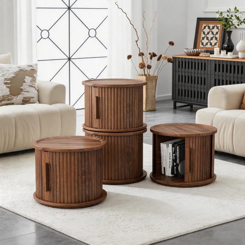 4Piece Round Coffee Table Set, Modern Nesting Side Tables with Sliding Door Storage, Walnut Finish Sofa End Table & Bedside Nightstand for Living Room & Bedroom, Fluted Roman Column Design Accent Tab
