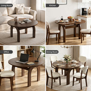 51.2' Solid Wood Extendable Dining Table Set with 6 Upholstered Chairs, 7 Piece Farmhouse Dinner Set with Walnut Finish & Arch Legs, Drop Leaf Converts Oval to Round for Small Spaces, Easy Assembly