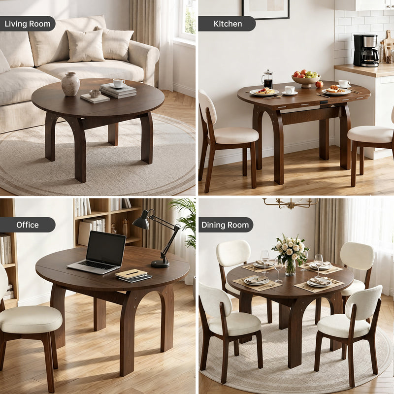 51.2' Solid Wood Extendable Dining Table Set with 6 Upholstered Chairs, 7 Piece Farmhouse Dinner Set with Walnut Finish & Arch Legs, Drop Leaf Converts Oval to Round for Small Spaces, Easy Assembly