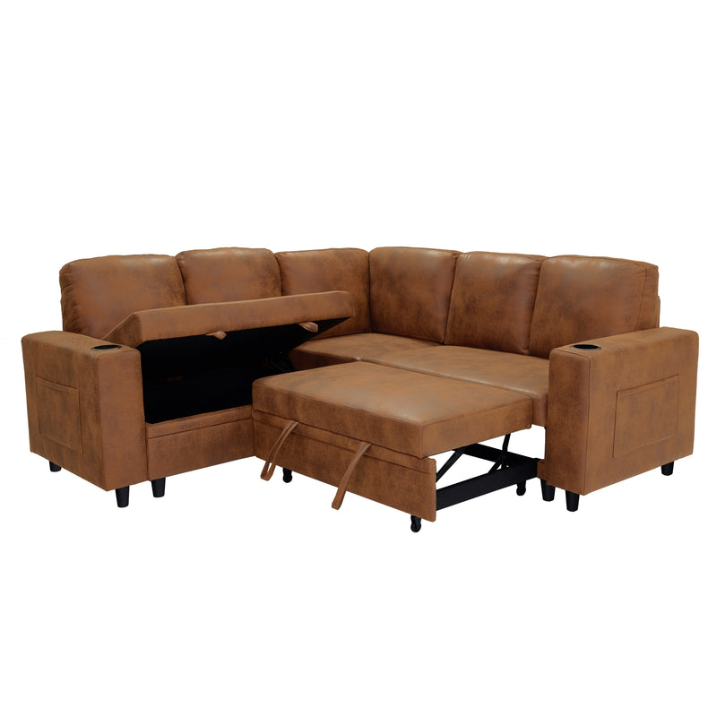 Foil Fabric upholstered L-Shape Sectional Sofa Bed with Pull Out Sleeper and Storage, Convertible Corner Couch with Cup Holders & Side Pockets for Living Room