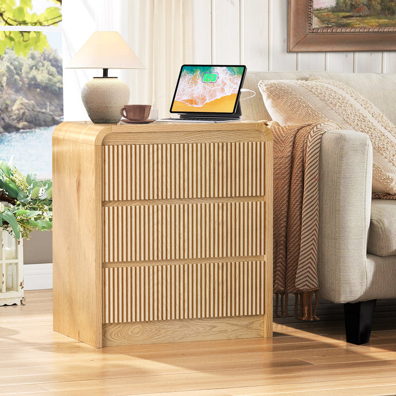 Modern Fluted Night Stand with Charging Station, 25' Tall Wood Nightstand Bedside Table with 3 Drawers & USB Ports, Mid-Century End Table for Bedroom (1, Nature Fluted, 3 Drawers)
