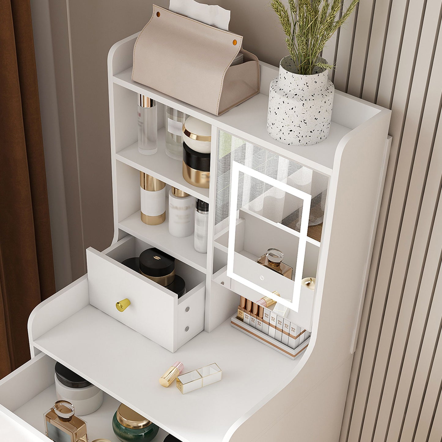 3 In 1 Dressing Table With LED Mirror & Storage Stool, Compact Makeup Vanity - White