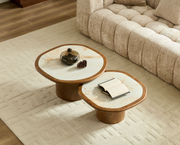Irregular Coffee Table set, 2pcs burl Wood Veneer Coffee Table,Sintered Stone Tabletop Table with Sturdy MDF Pedestal, Rounded Sofa Side Table for living Room,Office