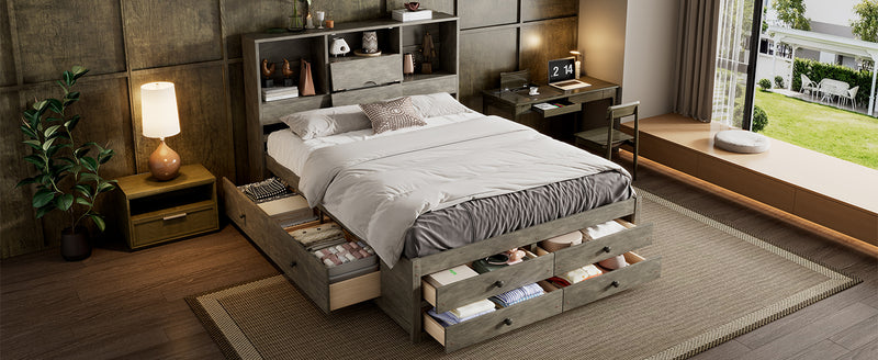 Queen Size Platform Bed with Storage Headboard and 8 Drawers, Gray
