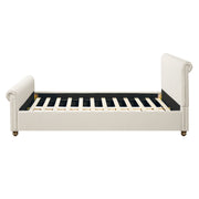 Queen Size Upholstered Bed Frame With Linen Fabric, Thick Headboard And Solid Wood Legs, Beige