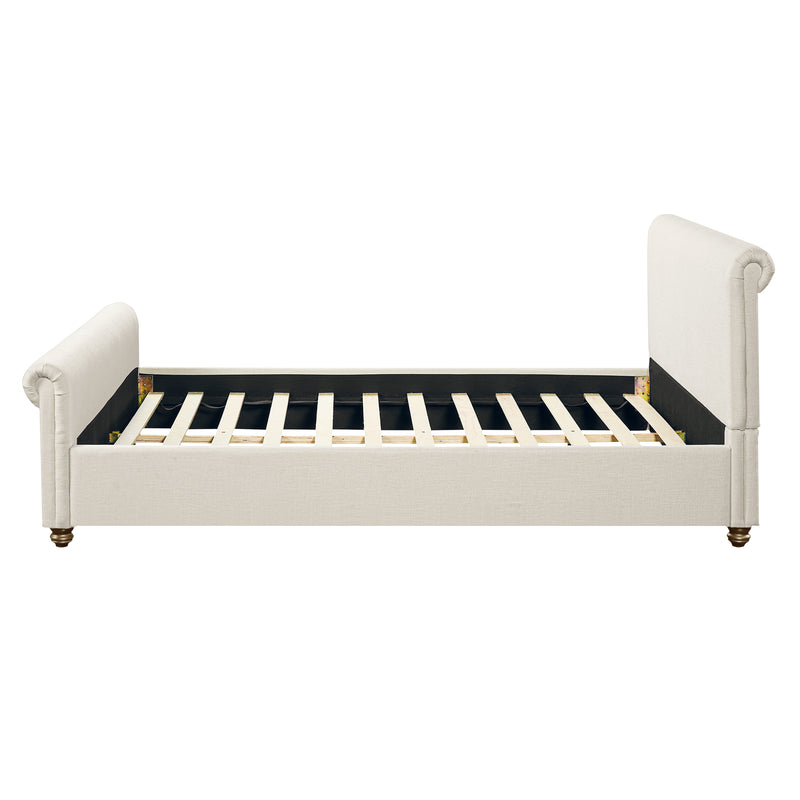 Queen Size Upholstered Bed Frame With Linen Fabric, Thick Headboard And Solid Wood Legs, Beige