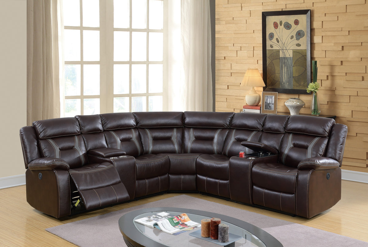 3pc Sectional Sofa Set Power Motion Reclining Gel Leatherette Dark Brown Color Living Room Couch