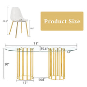 Table and chair set.71 inch oval tempered glass dining table,gold double column light luxury style. Paired with 6 Transparent Plastic Chairs with Golden Metal Legs.