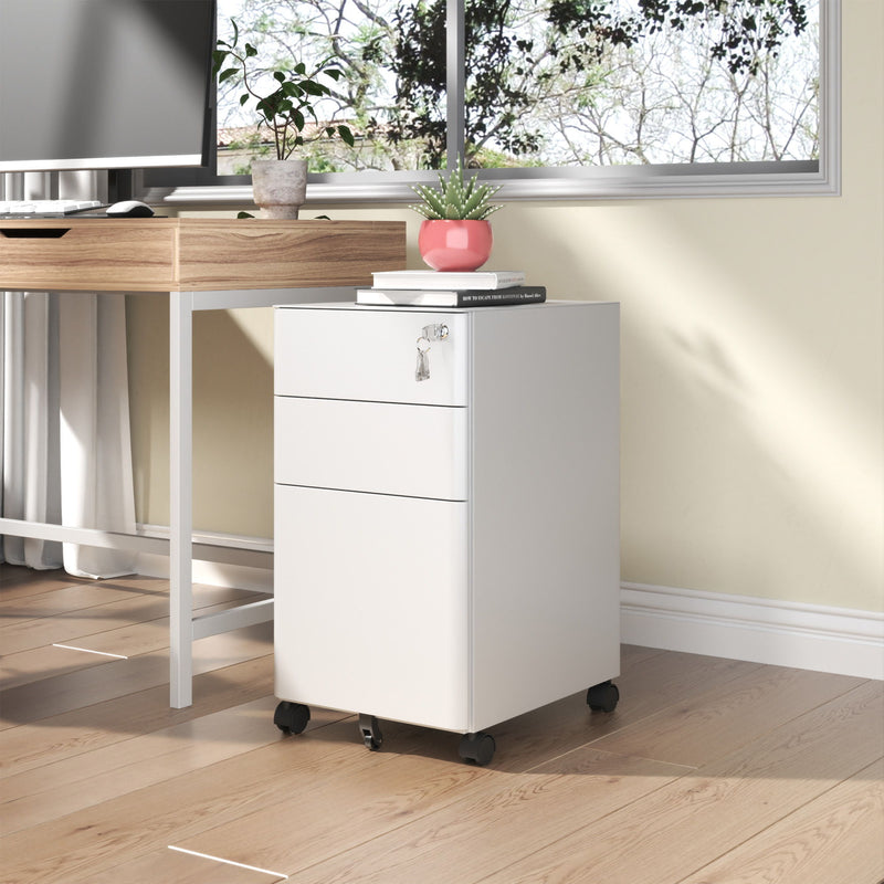 3-Drawer Mobile File Cabinet With Lock, On Wheels, Two Shallow & One Deep Drawer For Office/Home, Fully Assembled - White
