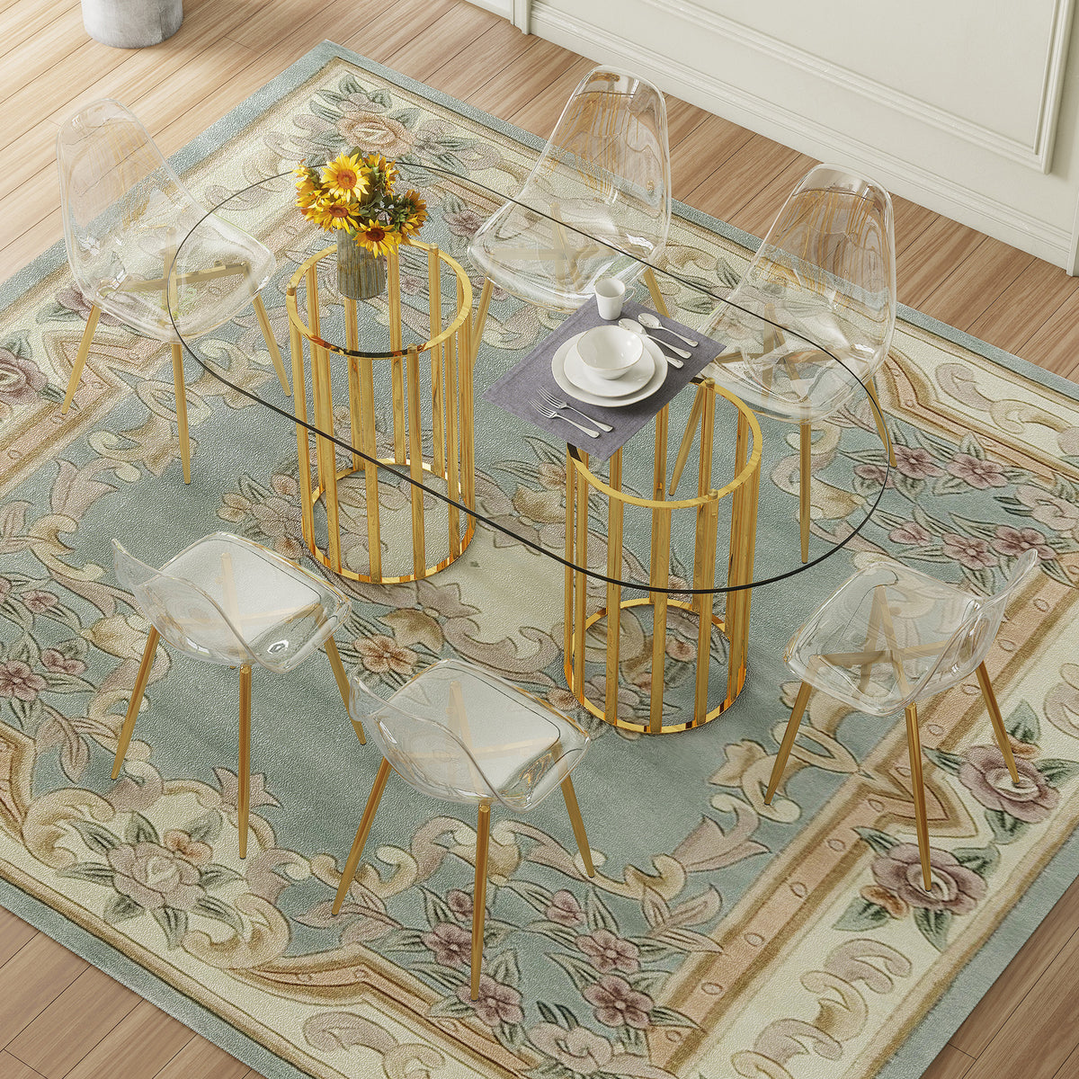 Table and chair set.71 inch oval tempered glass dining table,gold double column light luxury style. Paired with 6 Transparent Plastic Chairs with Golden Metal Legs.