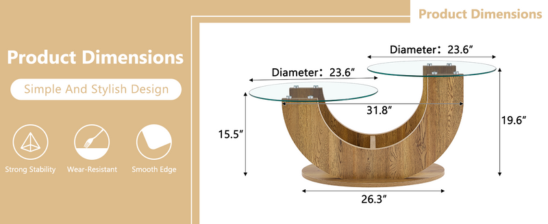 Creative U-Shaped Double-Tier Glass Coffee Table with Wood-Grain MDF Base: A Modern, Minimalist Living Room Side Table with Adjustable Height.