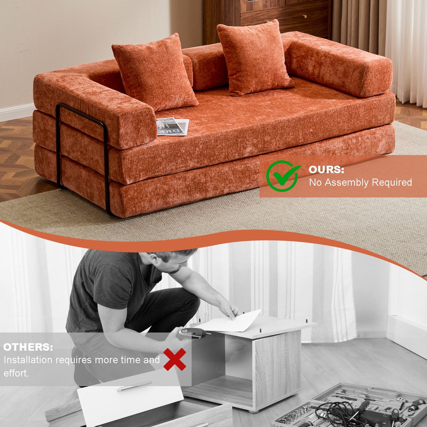 Convertible Floor Sofa Bed With Pillow Back Support Armrest